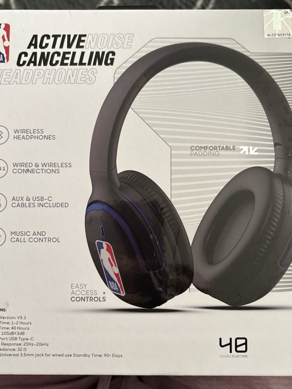 NBA Wireless Active Noise Cancelling Headphones — Black with Blue Trim